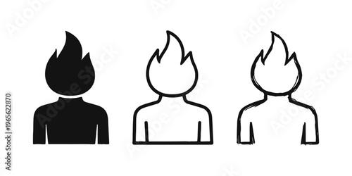 Person with flame head icon set. Anger, passion, burnout, or hot-headed symbol in various styles.