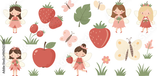 Whimsical illustration of girls picking strawberries and apples in a garden