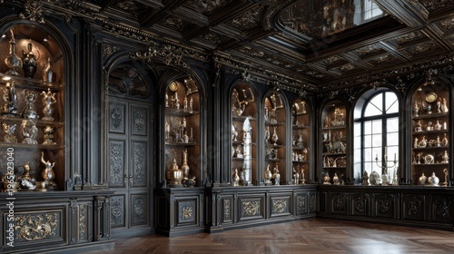 Ornate dark paneled interior displays numerous antique decorative objects within built-in display cases