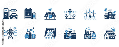 Renewable Energy Farm icons featuring solar panels, wind turbines, EV charging, hydrogen power, and hydro energy. Ideal for environmental reports, green tech apps, and sustainability websites.