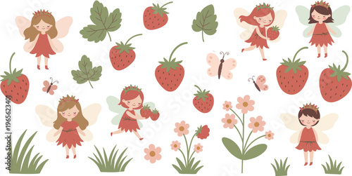 Whimsical illustration of girls picking strawberries in a garden with flowers and leaves