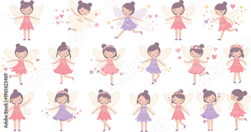 Cartoon ballet dancers in various poses with colorful dresses and hairstyles