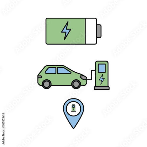 Electric Vehicle Charging Station Icon Set with Battery Status and EV Location Pin