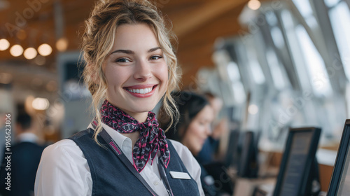 A smiling customer service representative wearing a uniform and scarf in a modern office or airport check-in environment.