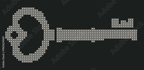 Vintage Cross Stitch Round Key isolated, retro embroidery style vector illustration. Antique folk decorative symbol for scrapbook, journal, gothic design