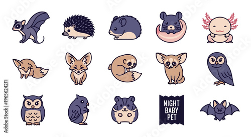 Cute cartoon night baby animals pets.