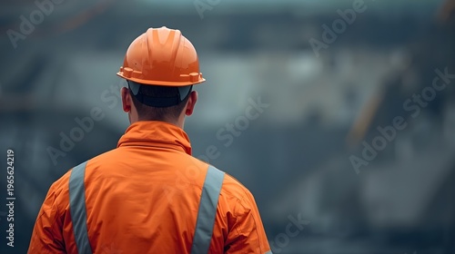 Worker in orange safety helmet and jacket looking away from the camera at a construction site or industrial area