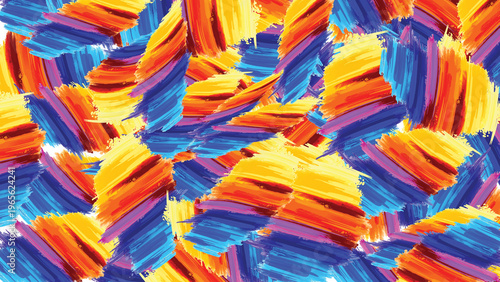 Fotografi Abstract painting with thick diagonal brushstrokes of yellow orange red blue and