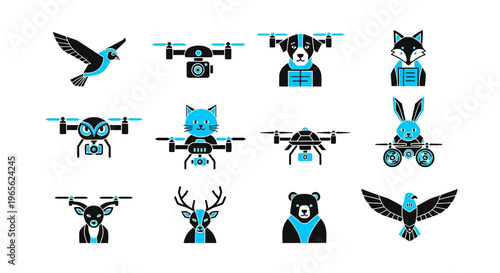 Drones in animal shapes flying high.