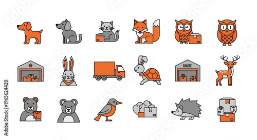 Variety of cartoon animals and buildings.