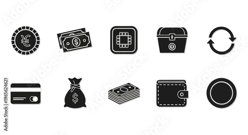 Black icons of money and finance.