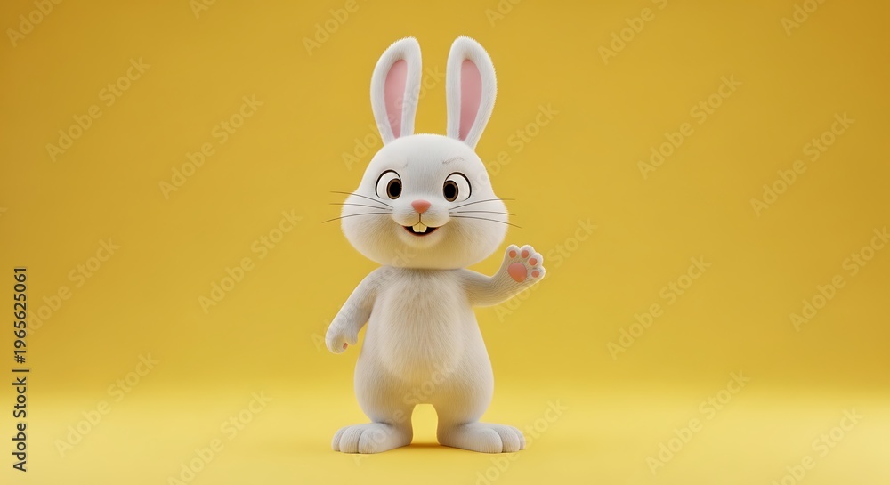 Obraz premium A cute 3D animated cartoon rabbit character waving its paw with a cheerful expression against a plain yellow background, perfect for Easter and children's themes