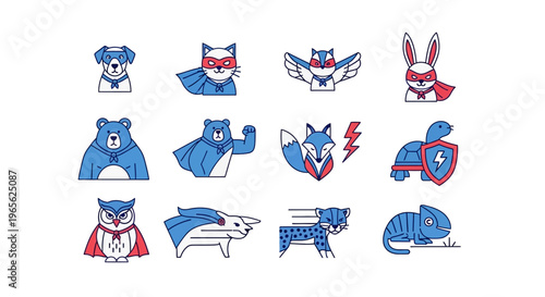 Cartoon superhero animal characters logos.