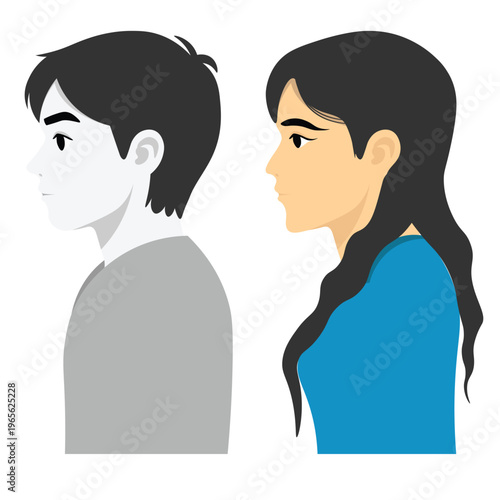 Side view vector illustration of male and female profile portraits with flat design style and simple characters