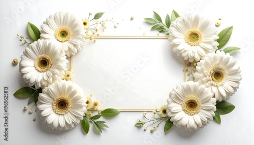 A floral frame of white daisy-like flowers and green foliage surrounds a gold-bordered rectangle on a white backdrop