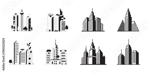 Set of eight minimalist cityscape icons depicting modern architecture and urban environment buildings
