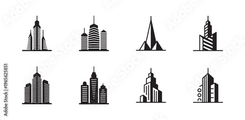 Eight stylized black and white icons representing various skyscraper designs and contemporary building silhouettes