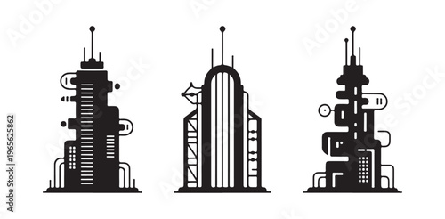 Three futuristic vertical tower icons displaying complex shapes antennas and stylized technological details