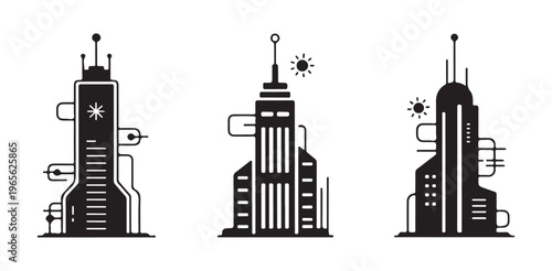 Three visionary skyscrapers with antennae abstract elements sun icons and advanced urban technology features