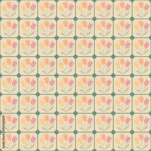 Tulip Background, Spring and summer Seamless floral Pattern with yellow background: Vector Illustration for Fabric, Clothing, wallpaper, tile floor and fashion Design - pastel color