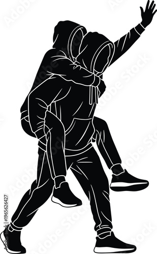 Flat vector illustration of a man giving piggyback ride to a friend, wearing hoodies, cad drawing style black silhouette art.