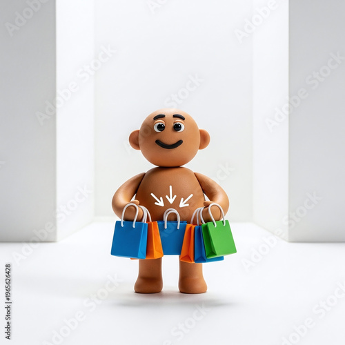 Wallpaper Mural Happy Clay Character with Shopping Bags and Stomach Arrows Torontodigital.ca