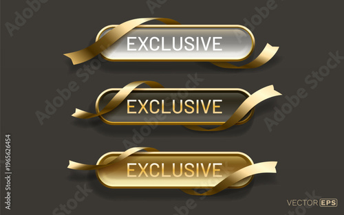 Three premium exclusive badges with golden ribbons on a dark background. Elegant design for special offers and VIP content.