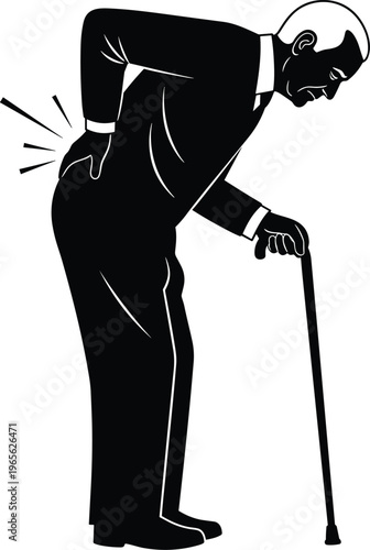 Flat vector illustration of elderly man with back pain leaning on walking stick, cad drawing style black and white silhouette.
