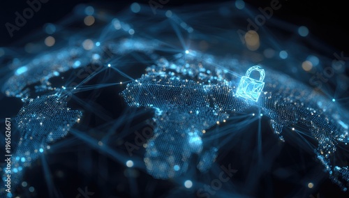 Digitally rendered world map with connected dots, a padlock, and glowing lights, implying security