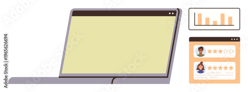 Online reviews, customer feedback, data analysis, project management, digital workspace, user interface. Laptop screen with feedback ratings and analytics chart. Customer feedback and data analysis