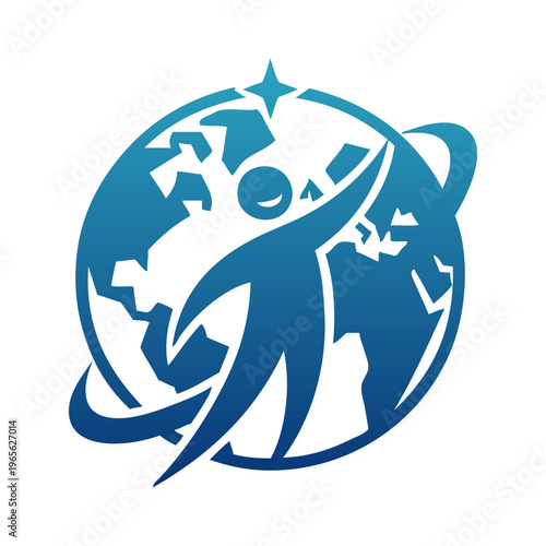 Logo agencia de viajes. Dibujo minimalista con silueta de un hombre feliz saludando en un globo terráqueo en color azul