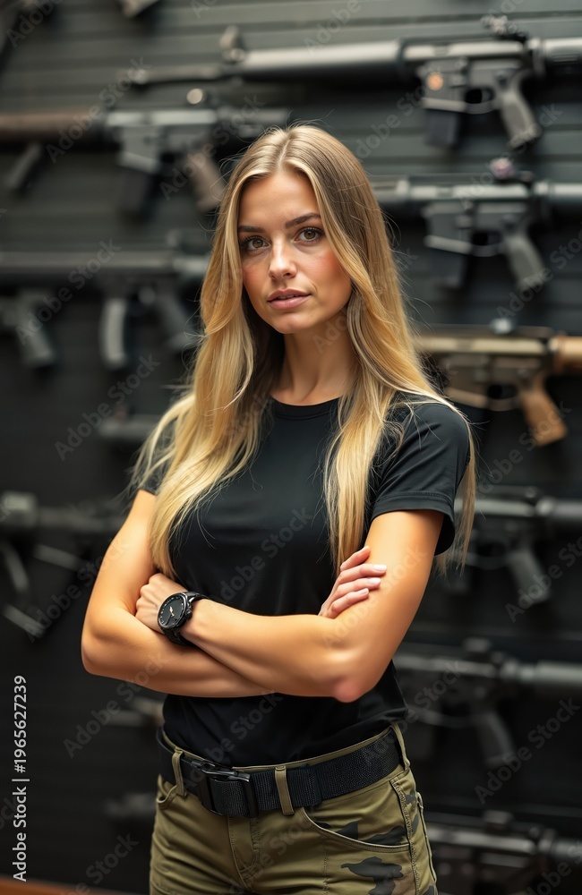 Fototapeta premium Woman stands arms crossed in gun shop. She wears tactical pants and black shirt. Firearms displayed on wall behind her. Represents gun ownership and self defense.