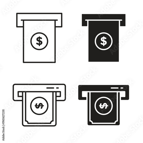atm cash icon collection in black color. Stroke Lines and flat silhouette style icons