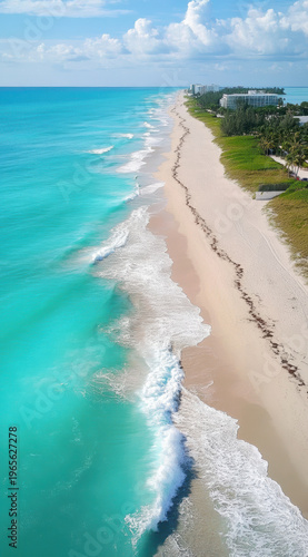 Stunning aerial view of a beach and turquoise waters along the coastline