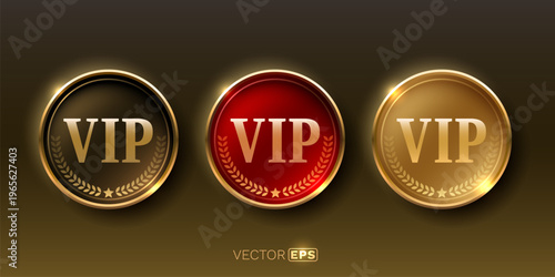 VIP badges set in gold, red, and black.