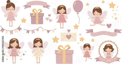 Cute cartoon illustrations of little girls and birthday decorations in pastel colors