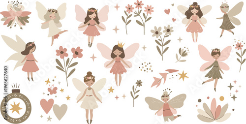 Whimsical fairy illustrations with flowers and butterflies in soft colors