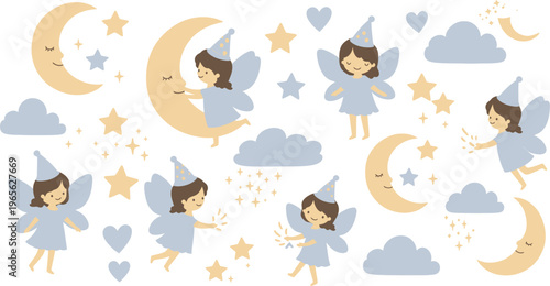 Whimsical illustration of fairies and celestial objects in a dreamy scene