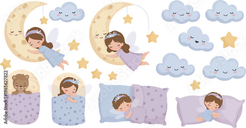 Sleepy time illustrations of girls and dreamy night scenes