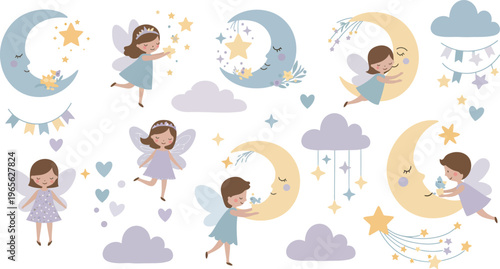 Whimsical illustration of fairies and crescent moons with clouds and stars