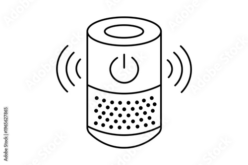 The image is a minimalist line art illustration of a smart speaker or a portable Bluetooth speaker.
