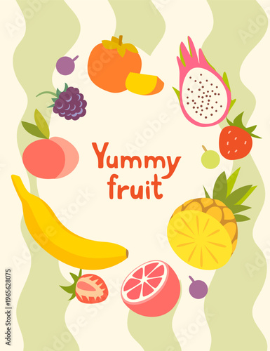 Bright summer poster with fruits on a striped green background. Pineapple, banana, dragon fruit, peach, grapefruit. Perfect for advertising, flyers, print, banners, packaging