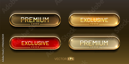 Set of luxury gold and red glossy web buttons for premium and exclusive content.