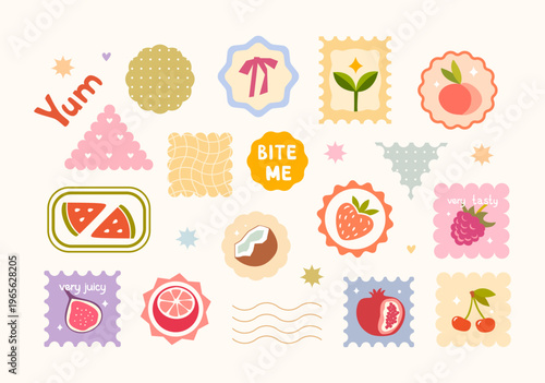Bright set of fruit stickers and stamps with various patterns. Cute collection, perfect for packaging, presentations, digital scrapbooking, planners, advertising