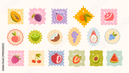 Bright collection of stickers shaped like postage stamps with different fruits. Perfect for packaging, advertising, digital scrapbooking and children’s craft projects