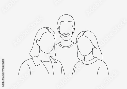 Minimalist line art illustration featuring a group of three diverse young people looking forward