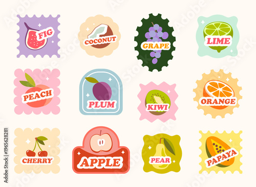 Bright collection of stickers shaped by postmarks with different fruits an their names. Coconut, kiwi, plum, peach, fig. Perfect for packaging, advertising, digital scrapbooking and kids materials