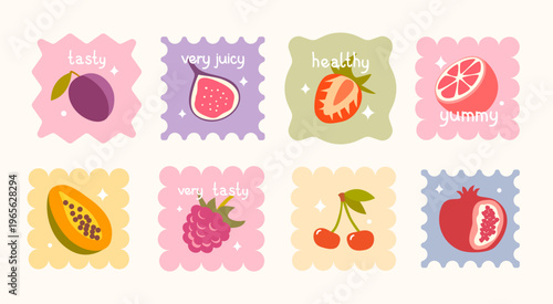 Bright collection of postage stamp shaped stickers with various fruits and berries. Cherrie, fig, plum, papaya, raspberrie. Perfect for packaging, advertising, digital scrapbooking and kids crafts