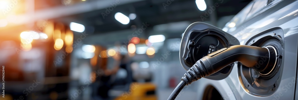 Fototapeta premium Industrial warehouse scene with electric vehicle charging port