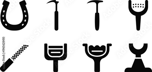 Black silhouette vector symbol set of farrier and horseshoeing tools including horseshoe, hoof pick, rasp and clincher, bold icons isolated on white background